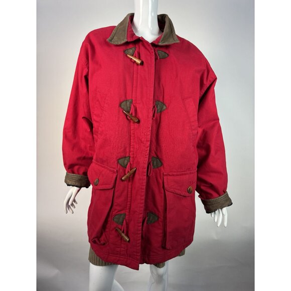 Lands End Womens Red Duffle Coat Medium 10/12 Genuine Leather Trim Vintage Style - Picture 15 of 16